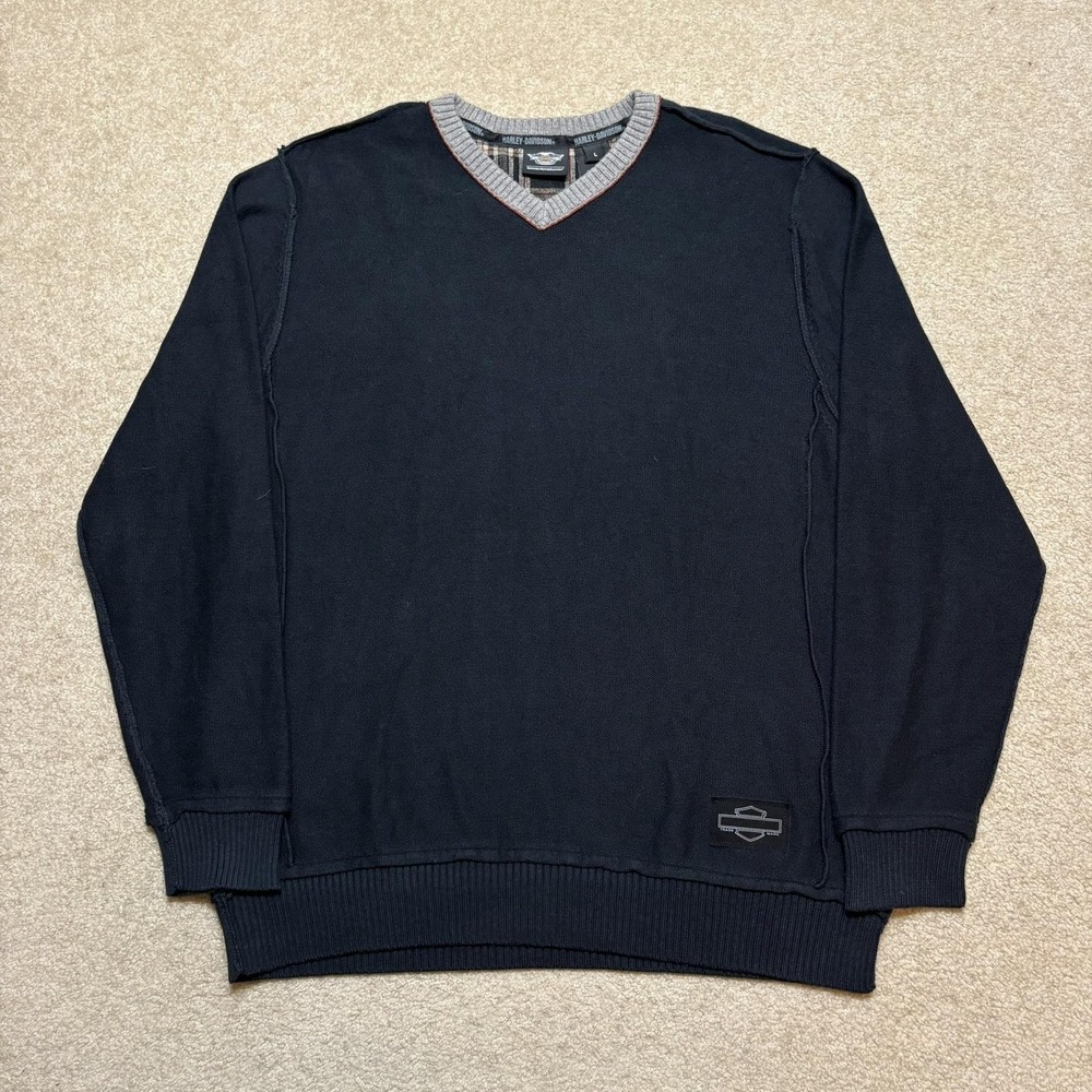 Harley-Davidson Sweater Mens Large‎ Blue Cotton Cashmere V Neck Plaid Lined Logo